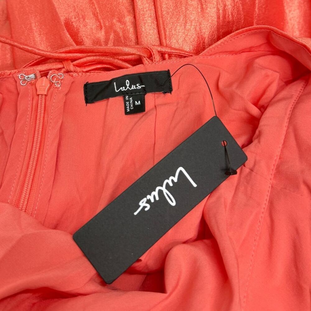 Lulus Paride Shiny Coral Gathered Lace-Up Midi Dress size Medium NWT - Picture 3 of 6